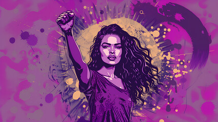 Naklejka na ściany i meble A woman proudly raises her fist in defense of women's rights. Purple background.