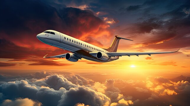 A private jet flies high above the clouds at sunset. The sky is a brilliant orange and yellow, and the clouds are a soft white.