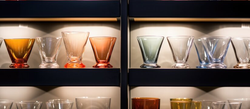 A close up of a shelf filled with a variety of differently colored glasses neatly arranged. The glasses range in colors from red, yellow, blue, green, purple, and more, creating a vibrant display.