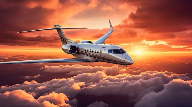 A private jet flies high above the clouds at sunset. The sky is a brilliant orange and yellow, and the clouds are a soft pink and purple.