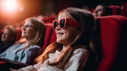 Little girl watching a 3D movie at the cinema. She is wearing red 3D glasses and is smiling. She is sitting in a red plush seat.
