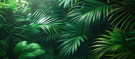 Fototapeta na wymiar This image showcases a dense forest of majestic palm trees, their branches laden with an abundance of vibrant green leaves. The scene is teeming with life and a rich display of foliage, creating a