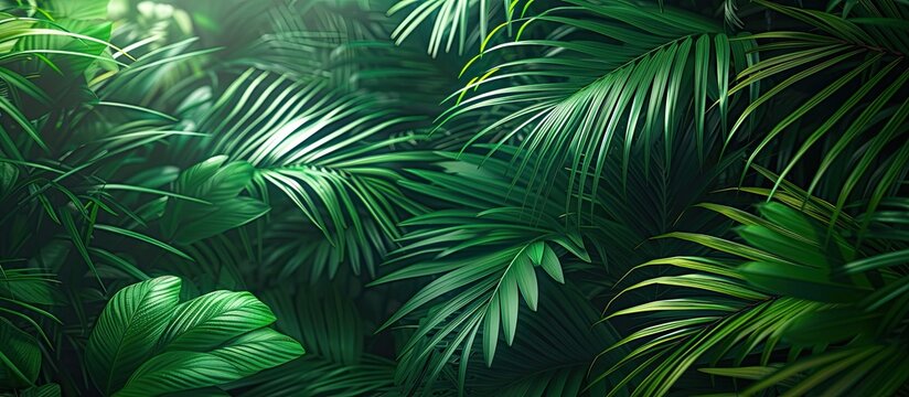 This image showcases a dense forest of majestic palm trees, their branches laden with an abundance of vibrant green leaves. The scene is teeming with life and a rich display of foliage, creating a © 2rogan