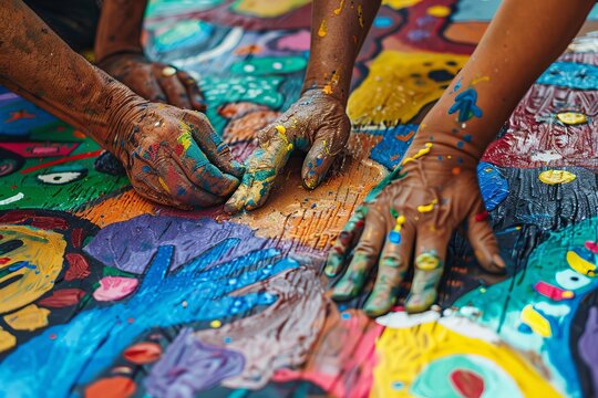 Vibrant, fun depiction of creativity with hands smeared in paint collaborating on a colorful artwork together