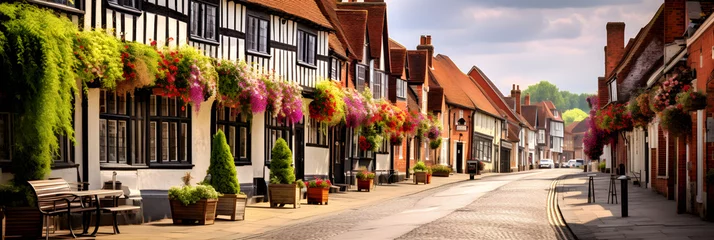 Fotobehang Charming Aylesbury Town Centre Highlighting Historic Pubs and Traditional Cobblestone Streets © Chester