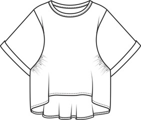 Girls T-Shirts Technical Drawing, Short Sleeves Tee Fashion Flat Sketch, Vector Templates for Illustrator