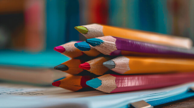 Image of multicolored wooden pencils on desk