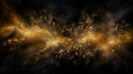 Naklejka premium Christmas and New Year festive background with sparkling golden particles. Abstract golden luxury dust decoration on black background. Concept of Christmas and New Year holidays. Copy space.