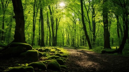 The lush green forest is bathed in sunlight, creating a magical atmosphere.