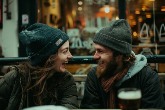 An Intimate Moment Shared Between Two Friends At A Cafe With Drinks On The Table While Blurred Background Enhances Focus