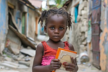 In a foreground full of color, a young girl gazes seriously, clutching an orange book