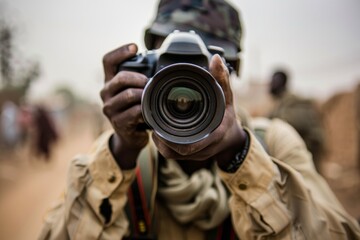 Obraz premium A man in a field focusses a camera lens towards the viewer, capturing the essence of photography