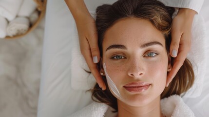 Close-up of a smiling young woman enjoying a spa facial treatment for wellness and beauty