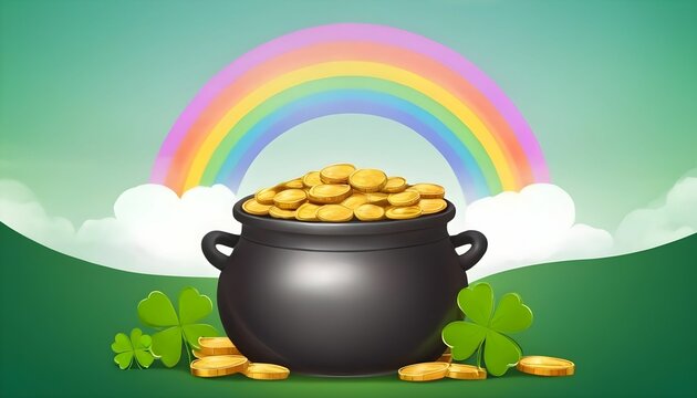 Banner with Pot of gold coins, clover leaves and rainbow. St. Patrick's day concept. Background design with space for copy created with generative ai	
