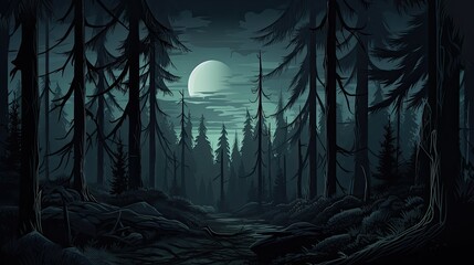 A dark and mysterious forest at night. The only light comes from a full moon, which casts a silvery glow over the trees and ground.