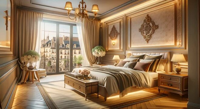 Elegant bedroom interior with a classic design and a view of the Parisian streets
