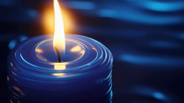 A blue candle illuminated in the darkness. Suitable for various concepts.