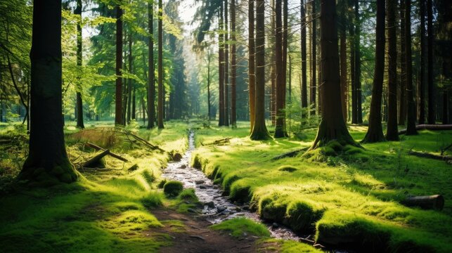 The lush green moss and towering trees of this beautiful forest create a magical atmosphere.