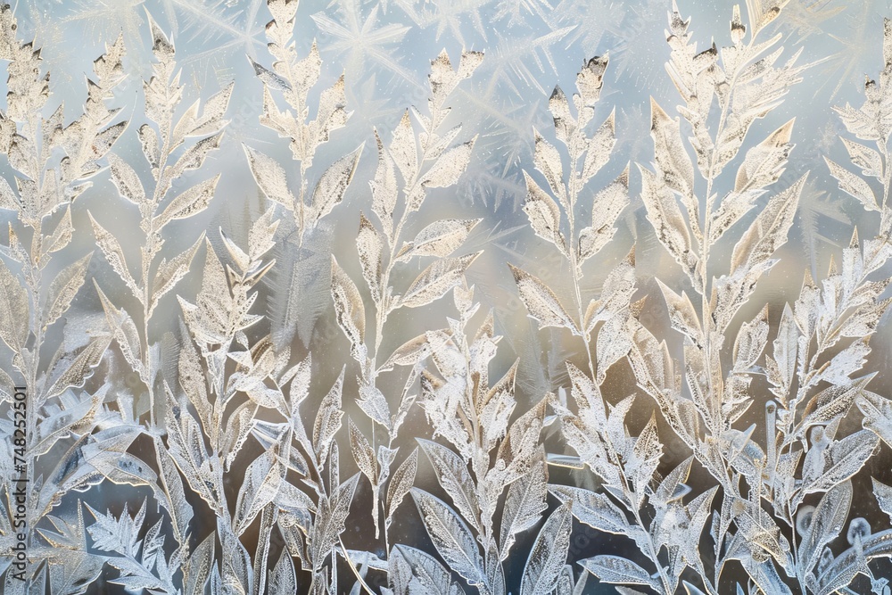 Poster Intricate frost patterns spread across a windowpane, resembling a wintry forest with delicate leafy details
