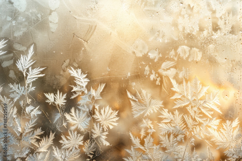 Poster The interplay of light and shadow through frosted glass with intricate ice crystal patterns evoking winter's chilly embrace