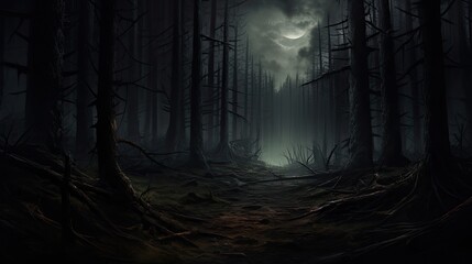 A dark and mysterious forest with a full moon shining through the trees. The path leading into the forest is overgrown with dead branches and leaves. - obrazy, fototapety, plakaty
