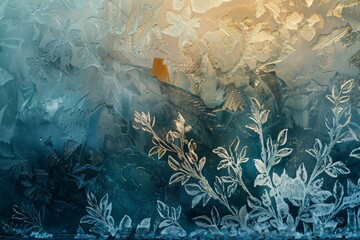 Fototapeta na wymiar Serene image featuring the delicate patterns of frost and leaf imprints on a glass surface, illuminated by soft light