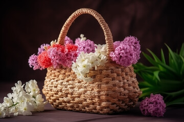 Fototapeta na wymiar Flower arrangement in Wicker basket. Beautiful bouquet of mixed flowers. Flower composition