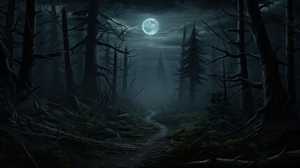 A dark and mysterious forest path at night. The full moon shines through the tall trees. The path is overgrown with weeds and fallen leaves. - obrazy, fototapety, plakaty