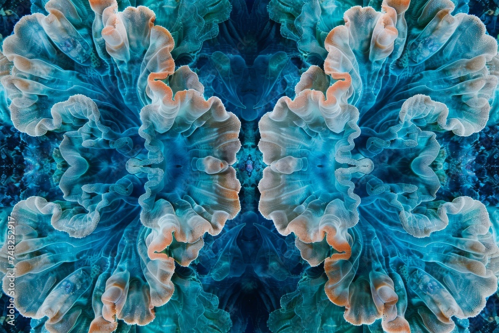 Poster This image depicts a highly detailed, symmetrical pattern reminiscent of coral structures with a striking blue and orange color palette