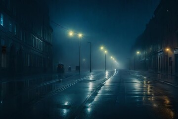 a city street at night, with a misty, cloudy sky and a crescent moon