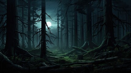 A dark and mysterious forest with a full moon shining through the trees. - obrazy, fototapety, plakaty