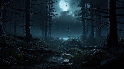 The full moon casts a silvery glow over the dark forest. A narrow path winds through the trees, leading to a mysterious clearing.