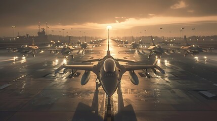 Air military bombers perfoming taxiing on the runway and waiting to take off from the airbase in Russia. Air fighters staying on the airstrip of base. AI generated illustration - obrazy, fototapety, plakaty