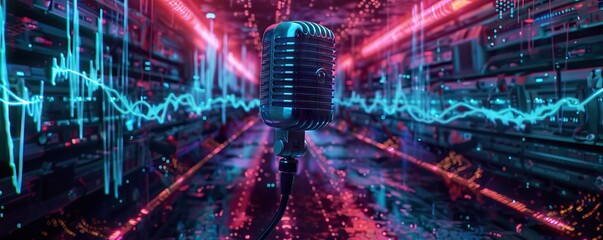 Microphone and radio wave on dark background, bokeh effect. Banner design. AI generated illustration