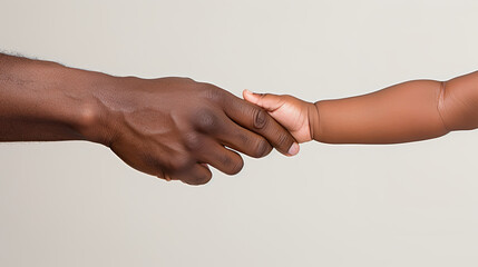 An adult man's hand holds the hand of a newborn on a white background. Caring for the family and supporting the child.