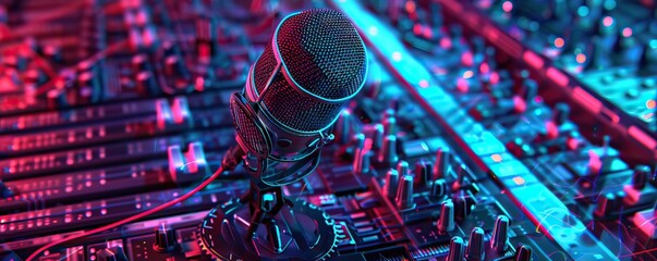 Microphone and radio wave on dark background, bokeh effect. Banner design. AI generated illustration - obrazy, fototapety, plakaty