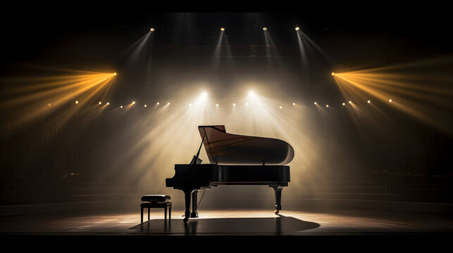 Grand Piano Spotlighted on Concert Hall Stage Awaiting Acoustic Performance.