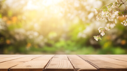 Spring background with white blossoms and sunbeams in front of a wooden table - obrazy, fototapety, plakaty
