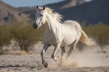 White horse run forward in dust in the desert