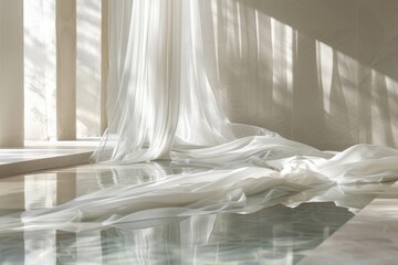 Soft white curtains gently draping over a serene poolside setting, conveying luxury and calm