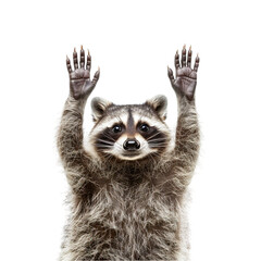 Studio portrait of a striped raccoon standing on its hind legs with its paws raised isolated on a white background