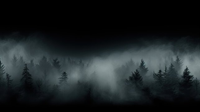 A dark and mysterious forest with a thick fog. The trees are tall and the branches are bare.
