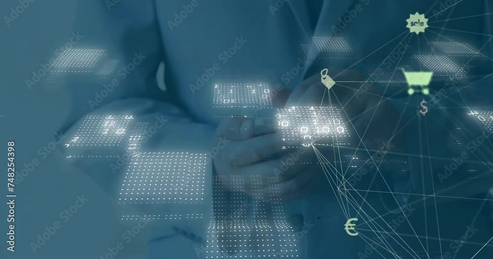 Poster animation of data processing with network of connections over businessman using smartphone