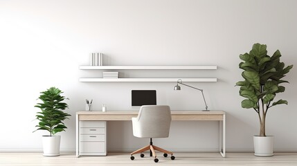 A modern home office with a large wooden desk, a comfortable white chair, and a stylish lamp.