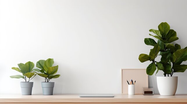 A wooden desk with a laptop, a plant, and a picture frame on it. The desk is against a white wall. The plant is a fiddle leaf fig.
