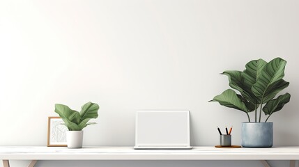 A simple and elegant workspace with a laptop, a plant, and a picture frame on a white desk.