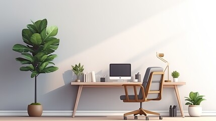 A modern home office with a large wooden desk, a comfortable leather chair, and a bright green plant.