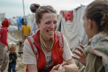 Joyful moment captured with a volunteer sharing a laugh with a child in a humanitarian setting - obrazy, fototapety, plakaty