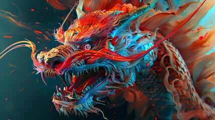 an angry dragon, in the style of futuristic themes,  chinese brushwork  - obrazy, fototapety, plakaty