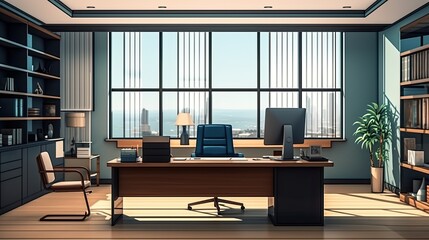 A modern office with a large desk, a comfortable chair, and a beautiful view of the city. - obrazy, fototapety, plakaty